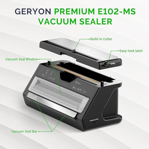 GERYON Vacuum Sealer - آلة ختم الطعام الفاخرة مع قطاعة أكياس مدمجة وتخزين اللف، شفط قوي لحفظ الطعام، وضع الطعام الرطب الجاف - مجموعة المبتدئين مع أكياس ختم الهواء ولفة in Kuwait