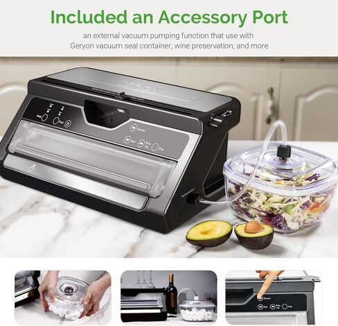 GERYON Vacuum Sealer - آلة ختم الطعام الفاخرة مع قطاعة أكياس مدمجة وتخزين اللف، شفط قوي لحفظ الطعام، وضع الطعام الرطب الجاف - مجموعة المبتدئين مع أكياس ختم الهواء ولفة in Kuwait