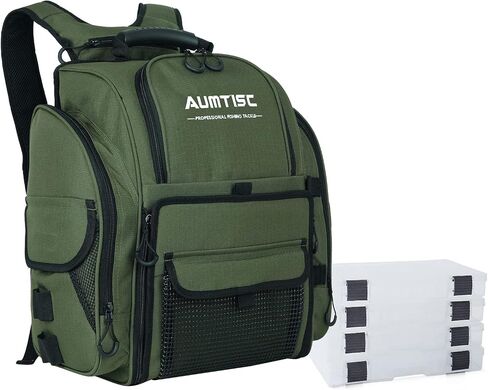 AUMTISC Fishing Tackle Backpack with 4 Tackle Boxes, Rod Holder, Protective Rain Cover, Waterproof Large Fishing Tackle Gear Bag for Fishing, Camping, Hiking (Black, Green, Camouflage) in Kuwait