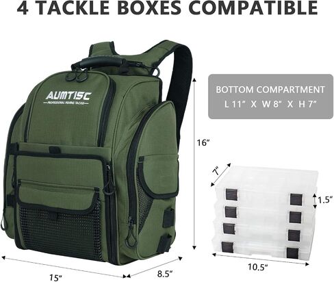 AUMTISC Fishing Tackle Backpack with 4 Tackle Boxes, Rod Holder, Protective Rain Cover, Waterproof Large Fishing Tackle Gear Bag for Fishing, Camping, Hiking (Black, Green, Camouflage) in Kuwait