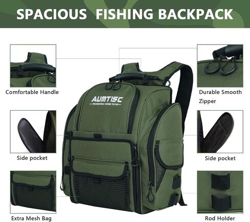 AUMTISC Fishing Tackle Backpack with 4 Tackle Boxes, Rod Holder, Protective Rain Cover, Waterproof Large Fishing Tackle Gear Bag for Fishing, Camping, Hiking (Black, Green, Camouflage) in Kuwait