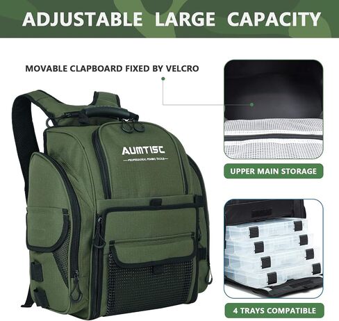 AUMTISC Fishing Tackle Backpack with 4 Tackle Boxes, Rod Holder, Protective Rain Cover, Waterproof Large Fishing Tackle Gear Bag for Fishing, Camping, Hiking (Black, Green, Camouflage) in Kuwait