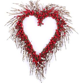إكليل القلب المثالي المصنوع يدويًا على شكل قلب التوت الأحمر إكليل ريفي غصين لديكور الباب ديكور داخلي كلاسيكي 18 بوصة إكليل عيد الحب in Saudi Arabia