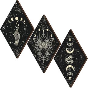 Ferraycle 3 Pcs Rustic Boho Wall Decor Moon Phases Butterfly Wall Art Stars Moon Decor Minimalist Room Decor Wooden Gothic Witchy Wall Pediments Hanging Sign for Home (Black, White, 9.5 x 16.1 Inch)