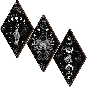 Ferraycle 3 Pcs Rustic Boho Wall Decor Moon Phases Butterfly Wall Art Stars Moon Decor Minimalist Room Decor Wooden Gothic Witchy Wall Pediments Hanging Sign for Home (Black, White, 9.5 x 16.1 Inch)