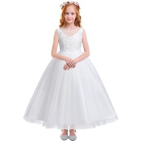 فساتين IDOPIP بيضاء للمناولة الأولى للفتيات من الدانتيل زهرة الزفاف وصيفة العروس وحفلات أعياد الميلاد وحفلات التعميد ماكسي من التل in Kuwait