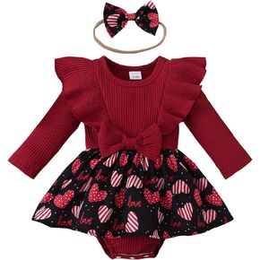 VISGOGO Toddler Baby Girl Valentines Day Romper Dress Ruffles Long Sleeve Heart Print Clothes Jumpsuit with Headband