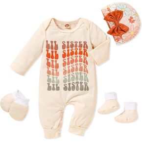 Sinhoon Newborn Baby Girl Romper Infant Letter Print Bodysuit Jumpsuit+Hat+Gloves+Socks 4Pcs Coming Home Clothes Outfit