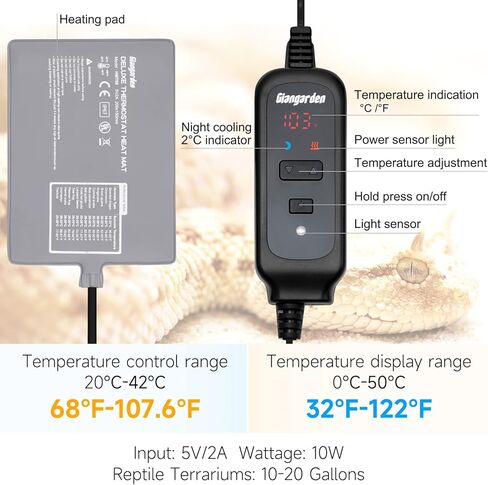 وسادة تسخين الزواحف من جيانجاردين مع التحكم في درجة الحرارة، وسادة حرارية للزواحف مقاومة للماء لخزان سعة 20 جالونًا، مجموعة كومبو لسخان الخزان للسرطان الناسك والسلاحف والسحالي والضفادع 8 وات (7.8 بوصة × 6 بوصة) in Kuwait