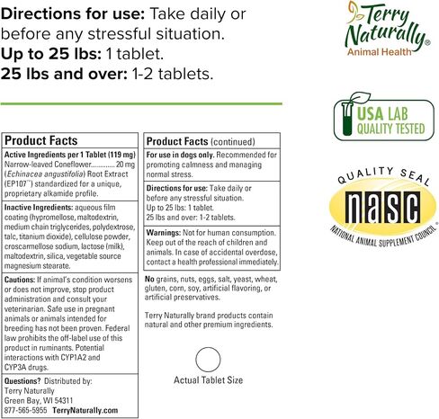 Terry Naturally Animal Health Calming Formula - 45 Tablets - Promotes Calm & Relaxation for Dogs - Non-GMO - 45 Servings in Saudi Arabia