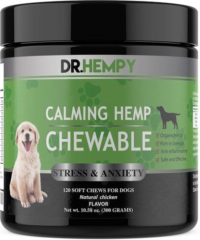 DR.HEMPY Hemp، مضغ مهدئ للكلاب، تخفيف قلق الكلاب، مضغ ناعم من قنب الحيوانات الأليفة للعواصف الرعدية، تخفيف الألعاب النارية، الانفصال، الإجهاد، ركوب السيارة، علاجات تهدئة الكلاب وزيت القنب، 120 مضغ in Saudi Arabia
