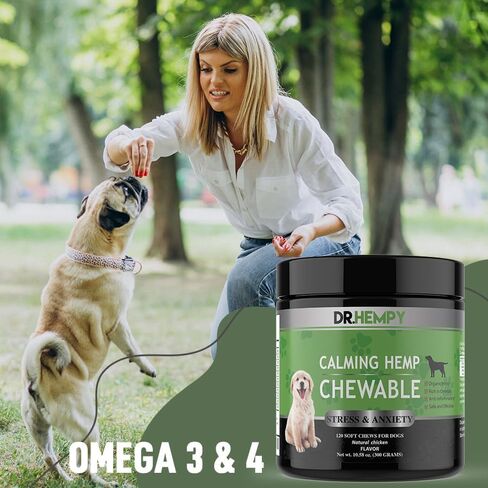 DR.HEMPY Hemp، مضغ مهدئ للكلاب، تخفيف قلق الكلاب، مضغ ناعم من قنب الحيوانات الأليفة للعواصف الرعدية، تخفيف الألعاب النارية، الانفصال، الإجهاد، ركوب السيارة، علاجات تهدئة الكلاب وزيت القنب، 120 مضغ in Saudi Arabia