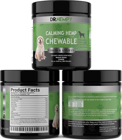 DR.HEMPY Hemp، مضغ مهدئ للكلاب، تخفيف قلق الكلاب، مضغ ناعم من قنب الحيوانات الأليفة للعواصف الرعدية، تخفيف الألعاب النارية، الانفصال، الإجهاد، ركوب السيارة، علاجات تهدئة الكلاب وزيت القنب، 120 مضغ in Saudi Arabia