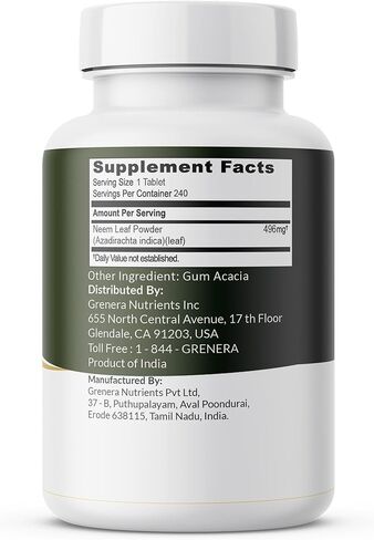 Grenera Neem Tablets, Made Using Organic Neem Leaves, Kosher, Halal Certified Supplement, 240 Tablets in Kuwait