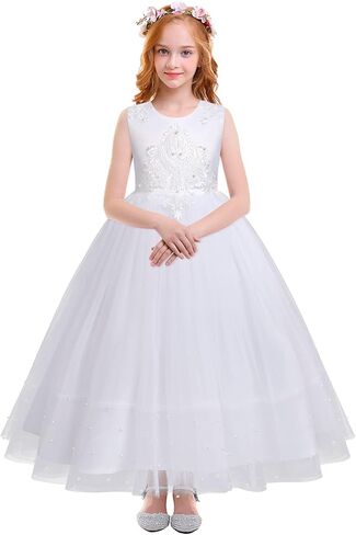 IDOPIP White First Communion Dresses for Girls Lace Flower Wedding Bridesmaid Pageant Birthday Baptism Party Maxi Tulle Gown in Saudi Arabia