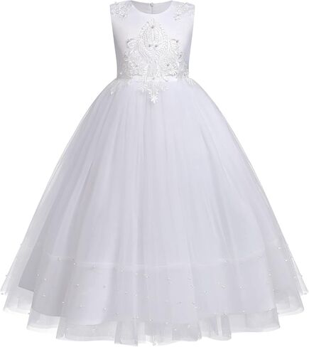 IDOPIP White First Communion Dresses for Girls Lace Flower Wedding Bridesmaid Pageant Birthday Baptism Party Maxi Tulle Gown in Saudi Arabia
