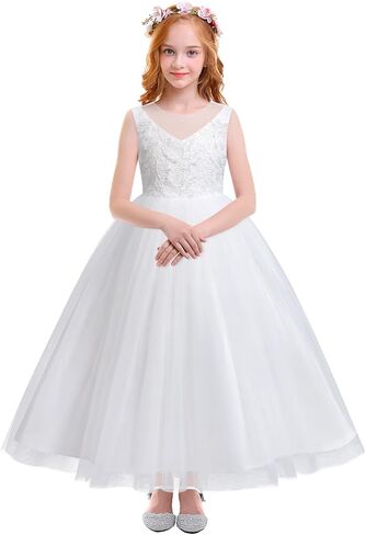 فساتين IDOPIP بيضاء للمناولة الأولى للفتيات من الدانتيل زهرة الزفاف وصيفة العروس وحفلات أعياد الميلاد وحفلات التعميد ماكسي من التل in Kuwait