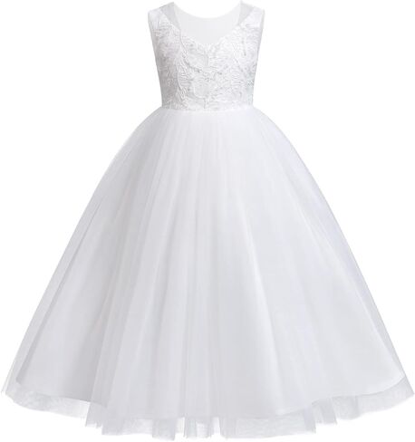 فساتين IDOPIP بيضاء للمناولة الأولى للفتيات من الدانتيل زهرة الزفاف وصيفة العروس وحفلات أعياد الميلاد وحفلات التعميد ماكسي من التل in Kuwait