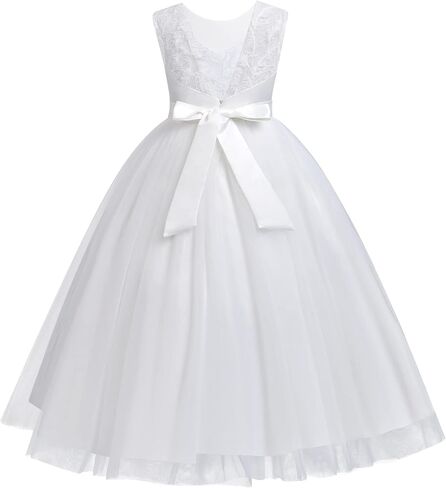 فساتين IDOPIP بيضاء للمناولة الأولى للفتيات من الدانتيل زهرة الزفاف وصيفة العروس وحفلات أعياد الميلاد وحفلات التعميد ماكسي من التل in Kuwait