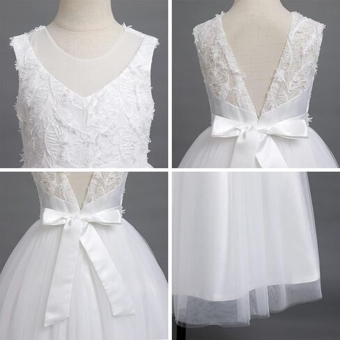 فساتين IDOPIP بيضاء للمناولة الأولى للفتيات من الدانتيل زهرة الزفاف وصيفة العروس وحفلات أعياد الميلاد وحفلات التعميد ماكسي من التل in Kuwait