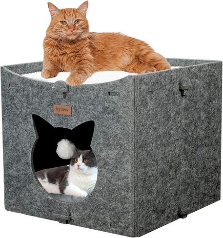 Cat Bed for Indoor Cats Cube House, Covered Cat Cave Beds & Furniture, Kitty Hideaway Tent Enclosed Kitten Cave with Dangling Toy and Soft Cushions in Kuwait