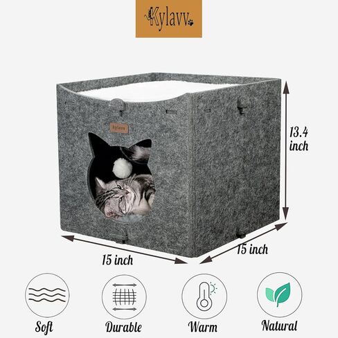 Cat Bed for Indoor Cats Cube House, Covered Cat Cave Beds & Furniture, Kitty Hideaway Tent Enclosed Kitten Cave with Dangling Toy and Soft Cushions in Kuwait
