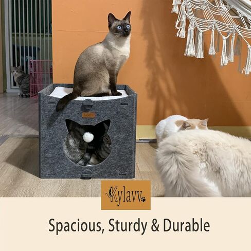 Cat Bed for Indoor Cats Cube House, Covered Cat Cave Beds & Furniture, Kitty Hideaway Tent Enclosed Kitten Cave with Dangling Toy and Soft Cushions in Kuwait