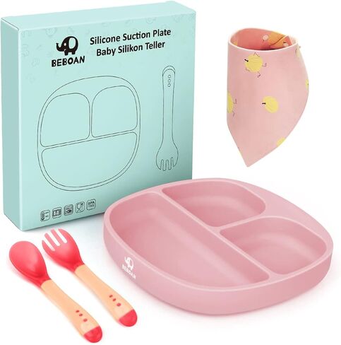 BEBOAN Silicone Divided Plate, Upgraded Non Slip Suction Plates,100% BPA-Free Feeding Dishes, Baby Toddler Plate Fits for Most High Chair (Pink) in Kuwait