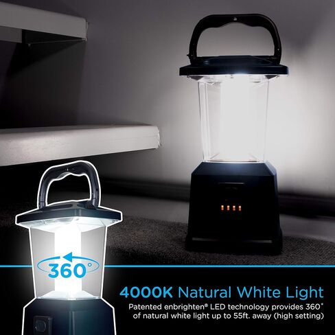إنبرايتن - فانوس LED متغير اللون قابل لإعادة الشحن، بنك طاقة USB، 4400 مللي أمبير، 650 لومن، قابل للتعتيم، 425 ساعة، مثالي للتخييم، في الهواء الطلق، الطقس في حالات الطوارئ، العواصف، أسود، 45083 in Saudi Arabia