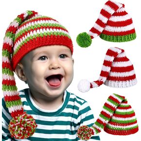 JenPen 3 Pcs Baby Christmas Elf Hat Long Tail Crochet Beanie Newborn Knit Stocking Cap Green Red and White Stripe Winter Santa Infant Caps for 2-48 Months Babies, approx. 38-46 cm/ 15 x 18 inches in Kuwait