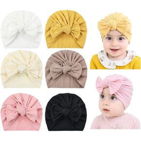 سيناسي 6 عبوات من قبعات عمامة ناعمة قابلة للتمدد مع قبعات كبيرة معقودة على شكل فيونكة صغيرة وأغطية للرأس إكسسوارات للشعر للفتيات الرضع والأطفال الصغار, كاكي، بيج، كركم، أبيض، أسود، زهري, 3 Months in Kuwait