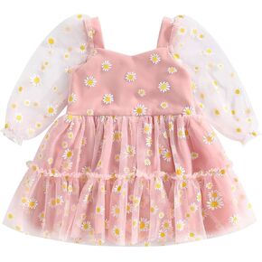 Infant Toddler Baby Girl Clothes Mesh Long Sleeve Tulle Tutu Dress Daisy Flower Dress Cute Outfit in Kuwait