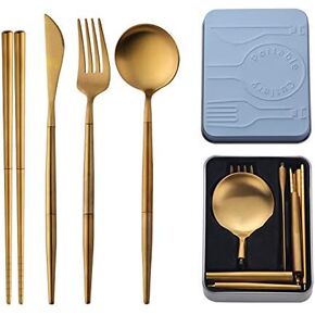 Do Buy Portable & Reusable Stainless Steel Travel Cutlery Set，Folding Utensil Set with Case ，for Camping, Picnic, Office and On-The-Go (Pocket Sized Flatware Set) (Black) (Black) in Kuwait