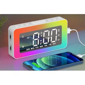 ساعات منبه لغرف النوم، ساعة مرآة مع 8 أضواء جو RGB، منبه مزدوج، 3 أوضاع تنبيه، قيلولة بعد الظهر، مساعد النوم، مؤقت، شاحن USB، ساعة منبه رقمية بجانب السرير للأطفال والكبار، منبه ثقيل