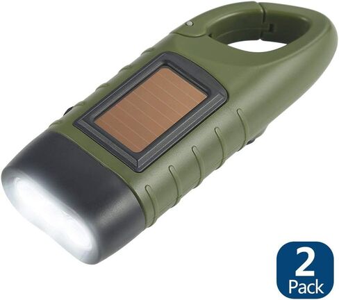 Simpeak 2-Pack Hand Crank Solar Powered Flashlight, Emergency Rechargeable LED Survival Flashlight, Quick Snap Carbiner Dynamo Flash Light Torch for Outdoor Sports, Green in Kuwait