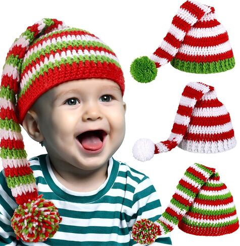 JenPen 3 Pcs Baby Christmas Elf Hat Long Tail Crochet Beanie Newborn Knit Stocking Cap Green Red and White Stripe Winter Santa Infant Caps for 2-48 Months Babies, approx. 38-46 cm/ 15 x 18 inches in Kuwait
