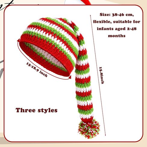 JenPen 3 Pcs Baby Christmas Elf Hat Long Tail Crochet Beanie Newborn Knit Stocking Cap Green Red and White Stripe Winter Santa Infant Caps for 2-48 Months Babies, approx. 38-46 cm/ 15 x 18 inches in Kuwait