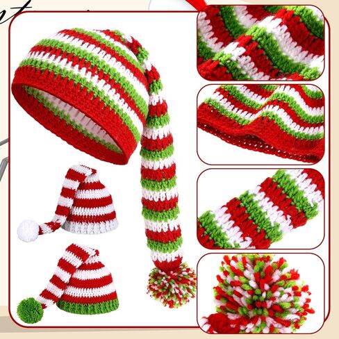 JenPen 3 Pcs Baby Christmas Elf Hat Long Tail Crochet Beanie Newborn Knit Stocking Cap Green Red and White Stripe Winter Santa Infant Caps for 2-48 Months Babies, approx. 38-46 cm/ 15 x 18 inches in Kuwait