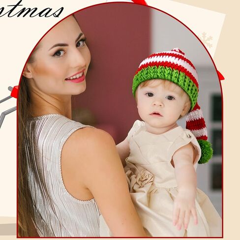 JenPen 3 Pcs Baby Christmas Elf Hat Long Tail Crochet Beanie Newborn Knit Stocking Cap Green Red and White Stripe Winter Santa Infant Caps for 2-48 Months Babies, approx. 38-46 cm/ 15 x 18 inches in Kuwait