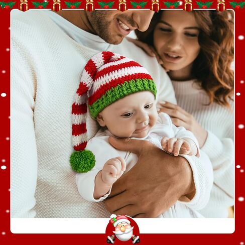 JenPen 3 Pcs Baby Christmas Elf Hat Long Tail Crochet Beanie Newborn Knit Stocking Cap Green Red and White Stripe Winter Santa Infant Caps for 2-48 Months Babies, approx. 38-46 cm/ 15 x 18 inches in Kuwait