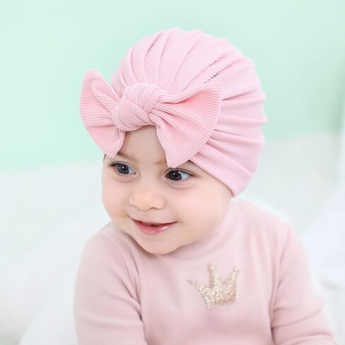 سيناسي 6 عبوات من قبعات عمامة ناعمة قابلة للتمدد مع قبعات كبيرة معقودة على شكل فيونكة صغيرة وأغطية للرأس إكسسوارات للشعر للفتيات الرضع والأطفال الصغار, كاكي، بيج، كركم، أبيض، أسود، زهري, 3 Months in Kuwait