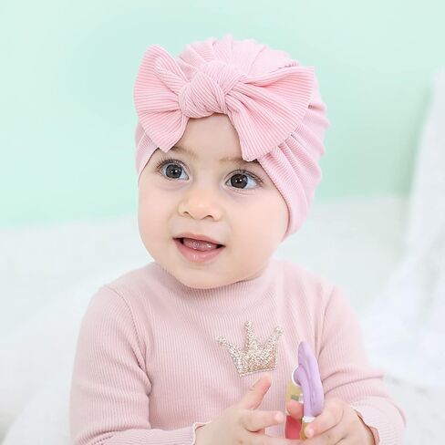 سيناسي 6 عبوات من قبعات عمامة ناعمة قابلة للتمدد مع قبعات كبيرة معقودة على شكل فيونكة صغيرة وأغطية للرأس إكسسوارات للشعر للفتيات الرضع والأطفال الصغار, كاكي، بيج، كركم، أبيض، أسود، زهري, 3 Months in Kuwait