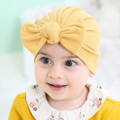 سيناسي 6 عبوات من قبعات عمامة ناعمة قابلة للتمدد مع قبعات كبيرة معقودة على شكل فيونكة صغيرة وأغطية للرأس إكسسوارات للشعر للفتيات الرضع والأطفال الصغار, كاكي، بيج، كركم، أبيض، أسود، زهري, 3 Months in Kuwait