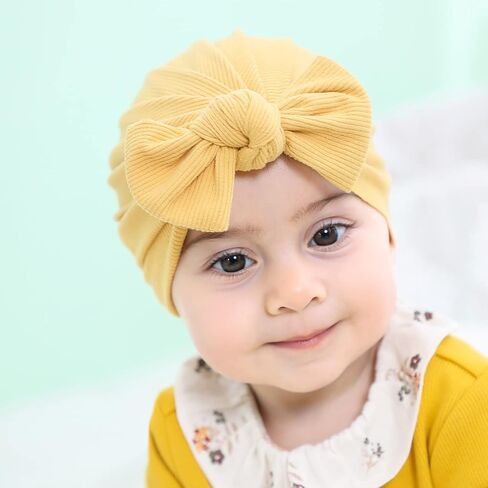 سيناسي 6 عبوات من قبعات عمامة ناعمة قابلة للتمدد مع قبعات كبيرة معقودة على شكل فيونكة صغيرة وأغطية للرأس إكسسوارات للشعر للفتيات الرضع والأطفال الصغار, كاكي، بيج، كركم، أبيض، أسود، زهري, 3 Months in Kuwait