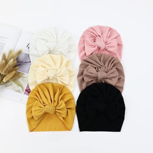 سيناسي 6 عبوات من قبعات عمامة ناعمة قابلة للتمدد مع قبعات كبيرة معقودة على شكل فيونكة صغيرة وأغطية للرأس إكسسوارات للشعر للفتيات الرضع والأطفال الصغار, كاكي، بيج، كركم، أبيض، أسود، زهري, 3 Months in Kuwait