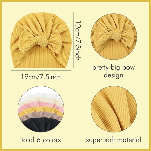 سيناسي 6 عبوات من قبعات عمامة ناعمة قابلة للتمدد مع قبعات كبيرة معقودة على شكل فيونكة صغيرة وأغطية للرأس إكسسوارات للشعر للفتيات الرضع والأطفال الصغار, كاكي، بيج، كركم، أبيض، أسود، زهري, 3 Months in Kuwait