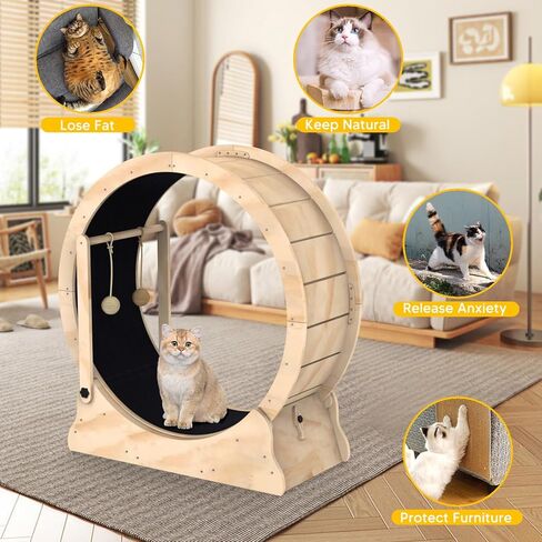 Cat Wheel, Cat Exercise Wheel with Cat Teaser, Cat Running Wheel Treadmill with Carpeted Runway and Cat Teaser, Fitness Weight Loss Device Cute Cat Furniture, Pet Toy, Cat Toy in Kuwait
