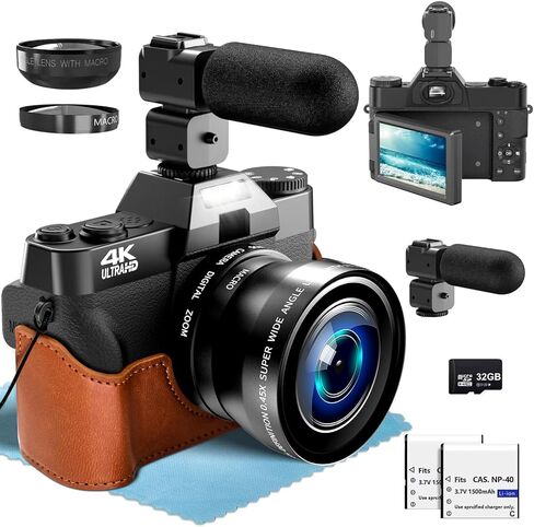 4K Digital Camera, 56MP Vlogging Camera for Photography with External Adjustable Microphong, Camerafor YouTube and Video, 52mm Wide Angle & Macro Lens, with 180° Flip Screen,32GB TF Card in Kuwait