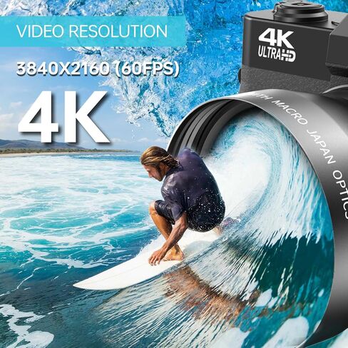 4K Digital Camera, 56MP Vlogging Camera for Photography with External Adjustable Microphong, Camerafor YouTube and Video, 52mm Wide Angle & Macro Lens, with 180° Flip Screen,32GB TF Card in Kuwait