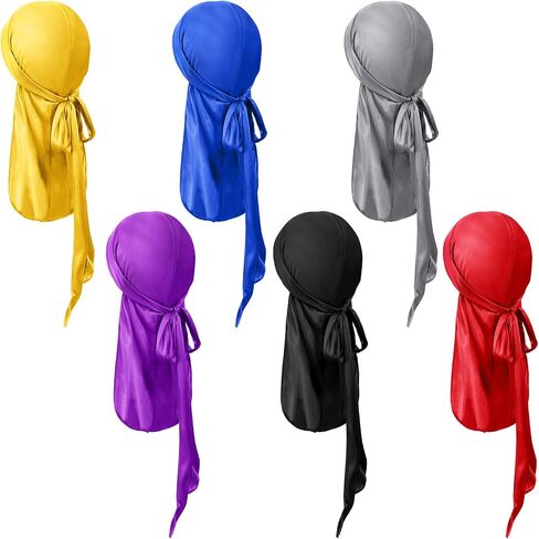 SATINIOR 6 Pieces Kids Satin Silk Durag Caps Wave Wide Strap Headwraps Long Tail Turban Beanies for Boys Girls, Multicoloured, Medium in Saudi Arabia
